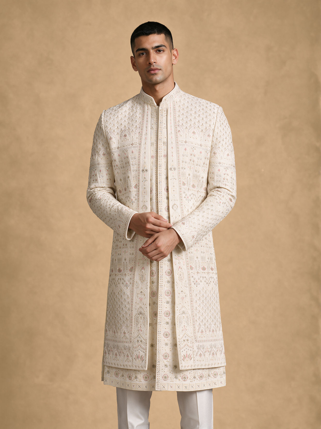 Manyavar Men Cream Silk Open Sherwani