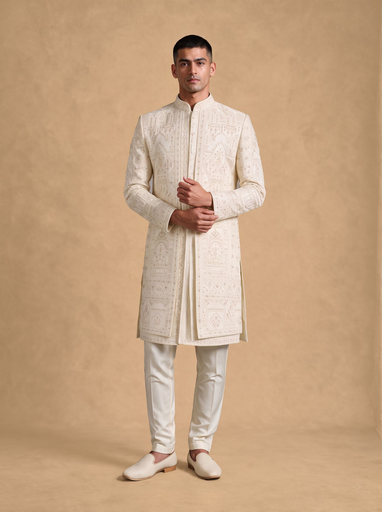 Manyavar Men Cream Silk Open Sherwani with Embroidery