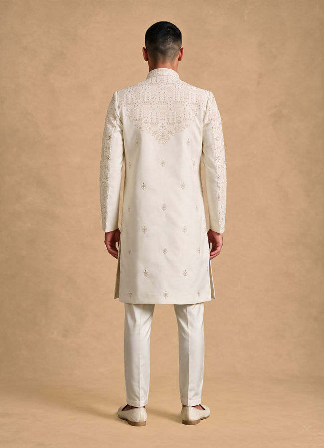 Manyavar Men Cream Silk Open Sherwani with Embroidery