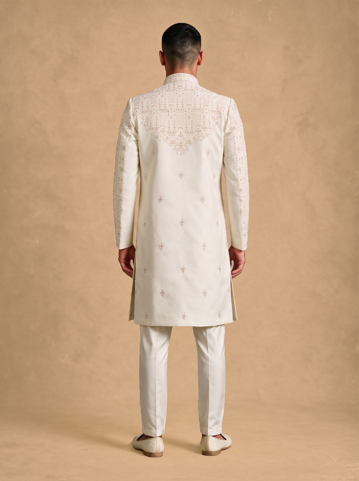 Manyavar Men Cream Silk Open Sherwani with Embroidery