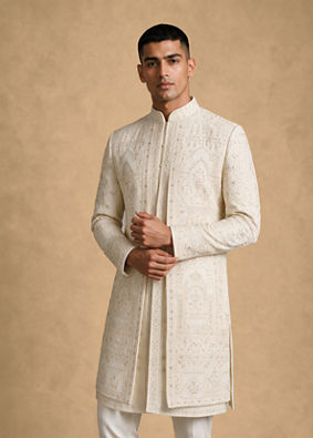 Manyavar Men Cream Silk Open Sherwani with Embroidery