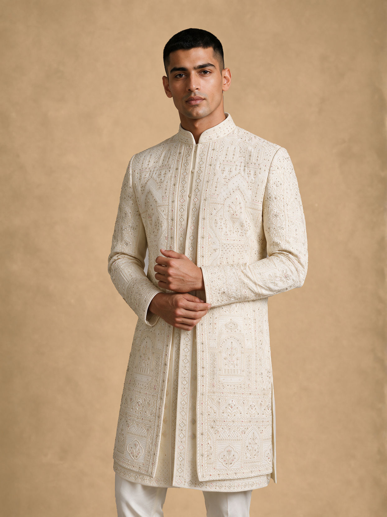 Manyavar Men Cream Silk Open Sherwani with Embroidery