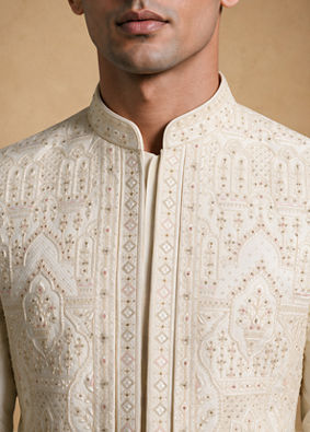 Manyavar Men Cream Silk Open Sherwani with Embroidery