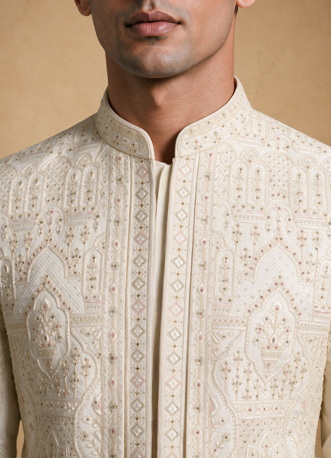Manyavar Men Cream Silk Open Sherwani with Embroidery