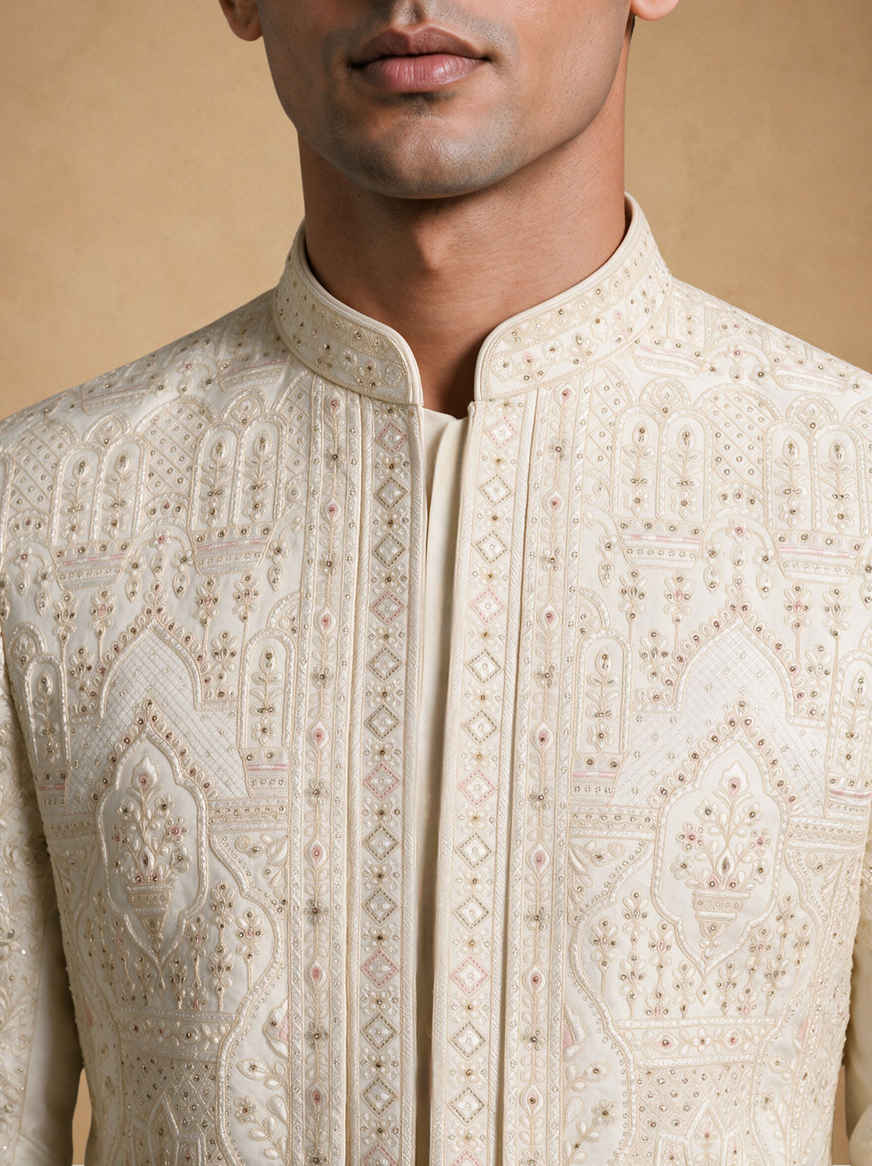 Manyavar Men Cream Silk Open Sherwani with Embroidery