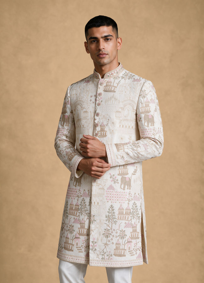 Manyavar Men Cream Silk Sherwani with Embroidery