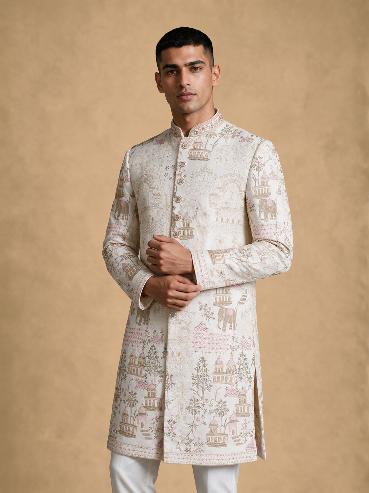 Manyavar Men Cream Silk Sherwani with Embroidery
