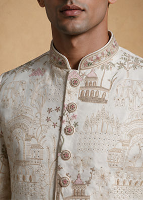 Manyavar Men Cream Silk Sherwani with Embroidery