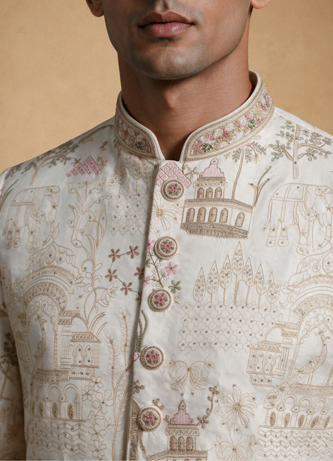 Manyavar Men Cream Silk Sherwani with Embroidery