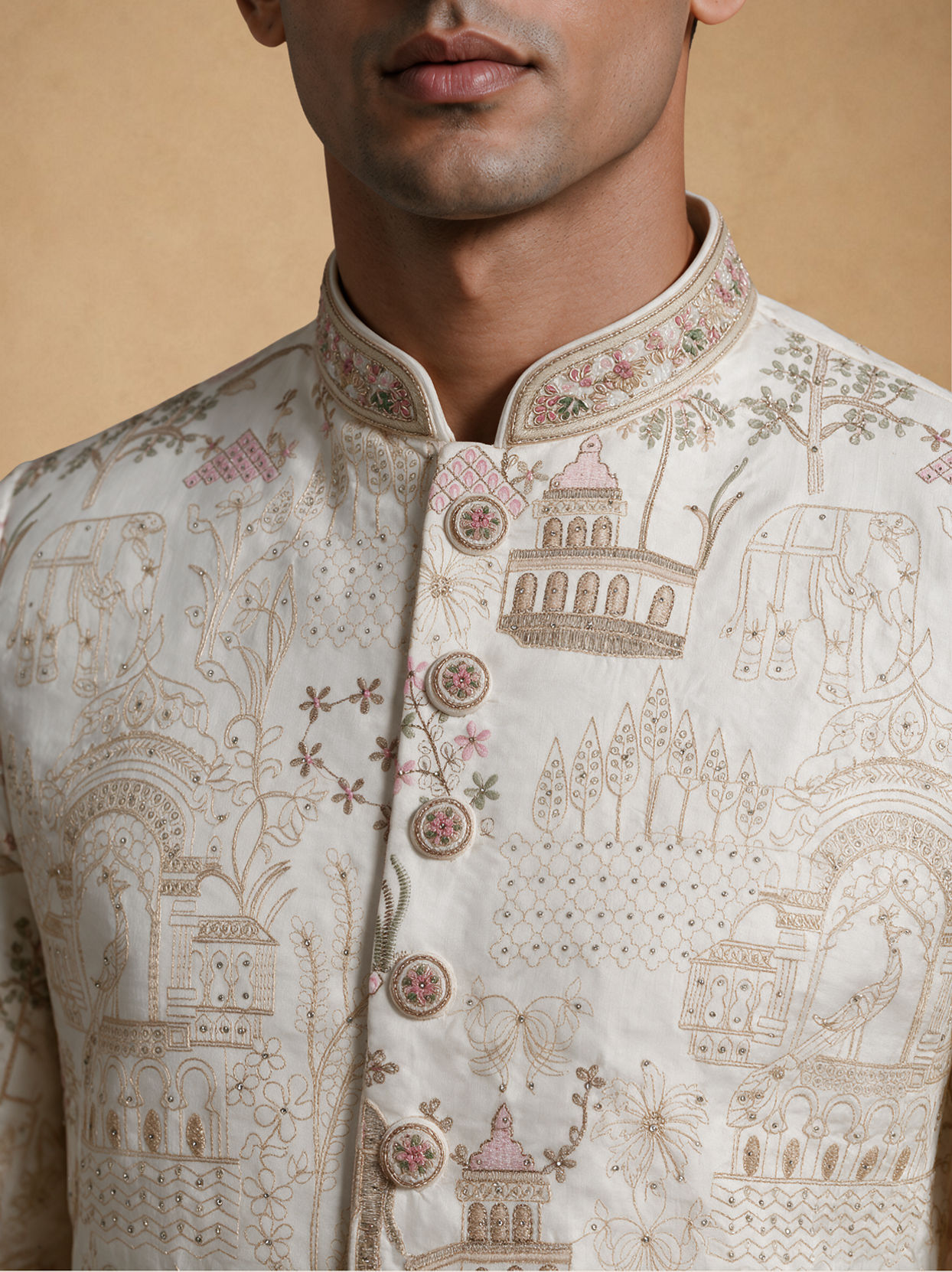 Manyavar Men Cream Silk Sherwani with Embroidery