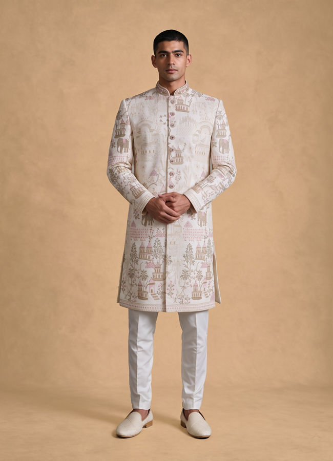 Manyavar Men Cream Silk Sherwani with Embroidery