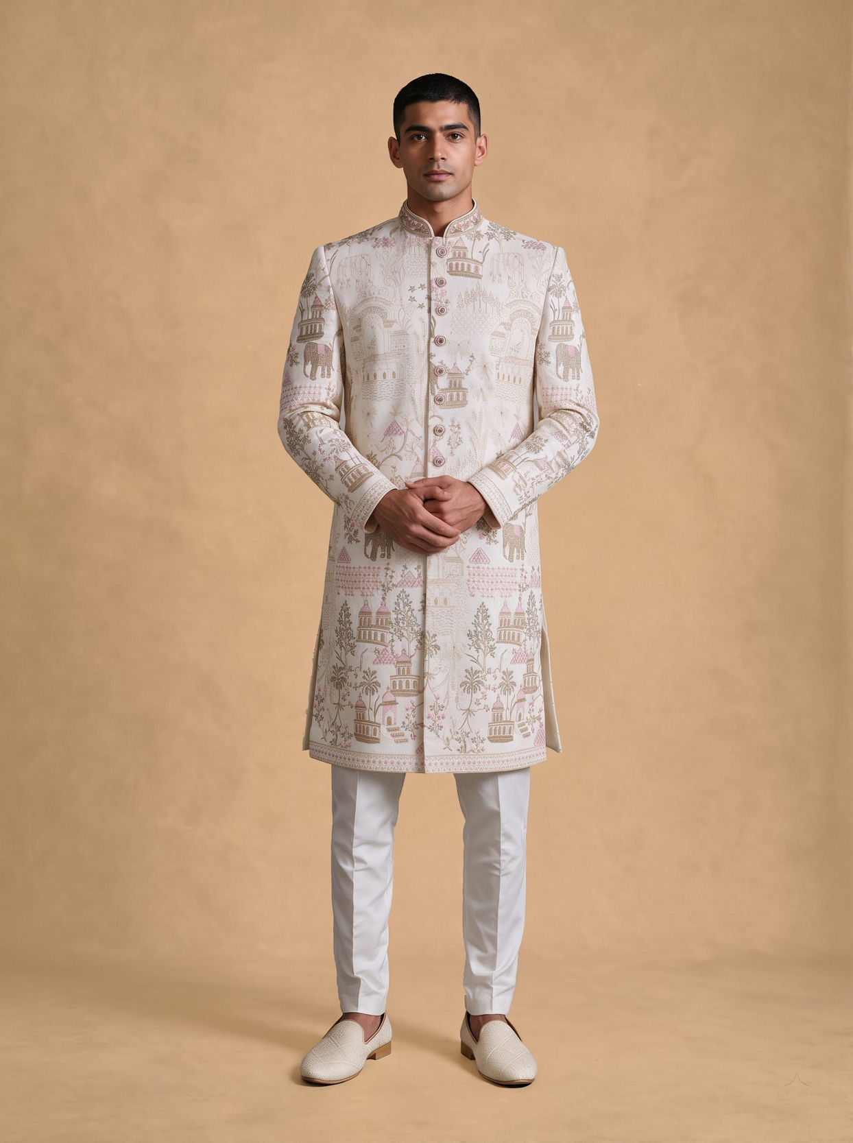 Manyavar Men Cream Silk Sherwani with Embroidery