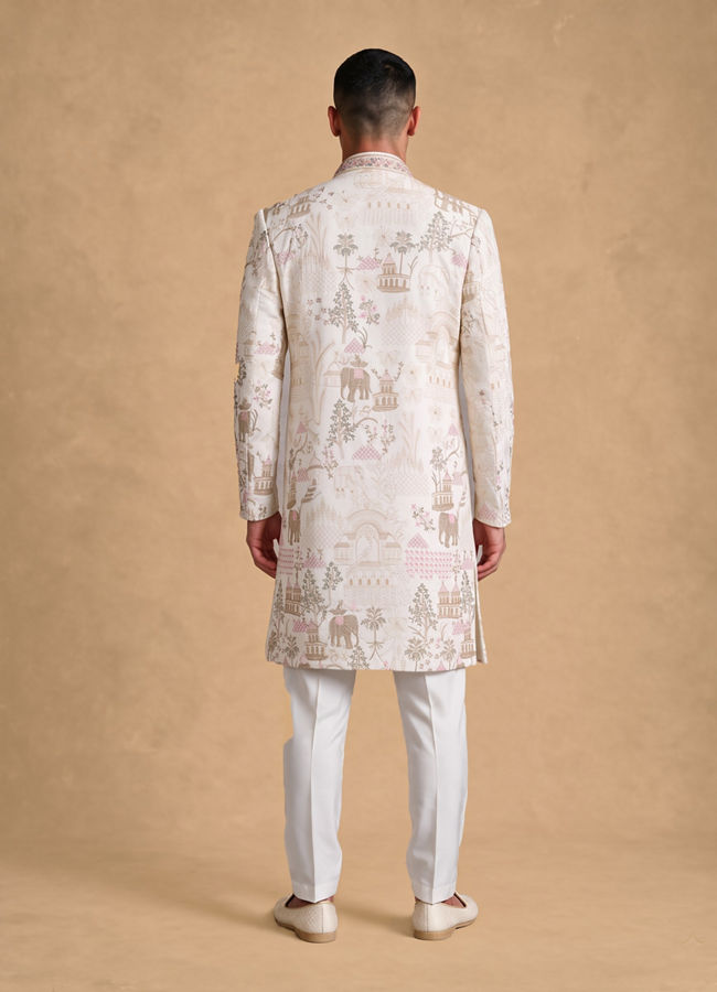 Manyavar Men Cream Silk Sherwani with Embroidery