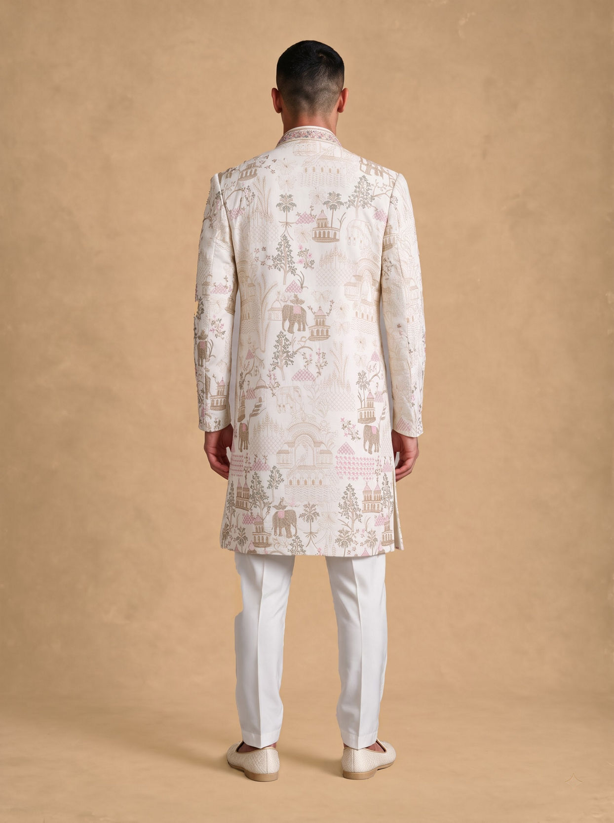 Manyavar Men Cream Silk Sherwani with Embroidery