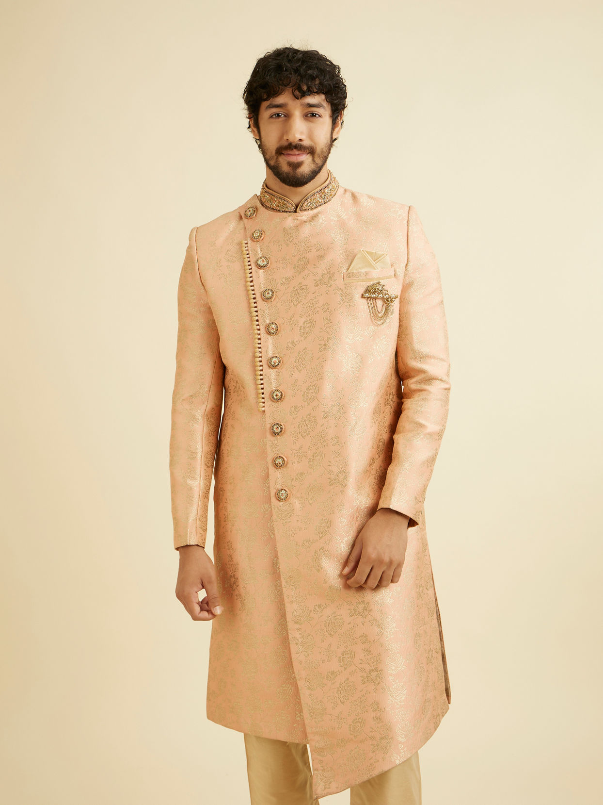 alt message - Manyavar Men Glamorous Pink Sherwani Suit image number 0