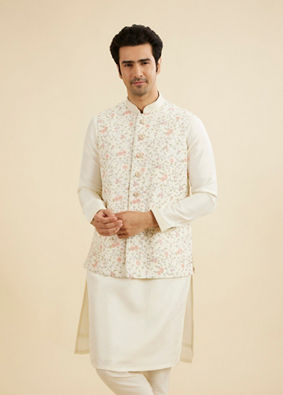 Manyavar Men Cream Beige Bel Buti Embroidered Jacket Set