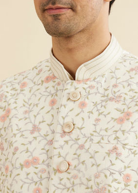 Manyavar Men Cream Beige Bel Buti Embroidered Jacket Set