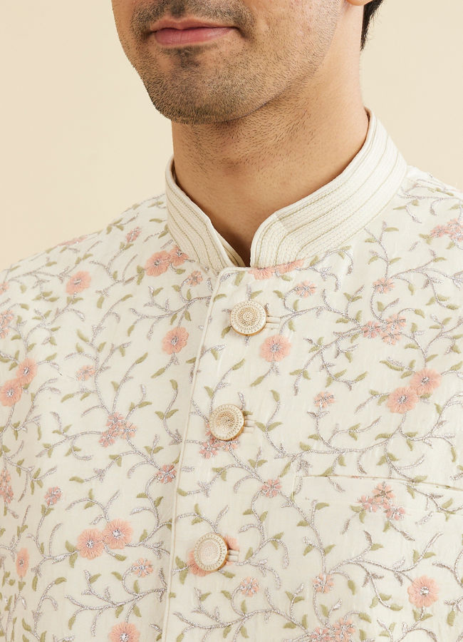 Manyavar Men Cream Beige Bel Buti Embroidered Jacket Set