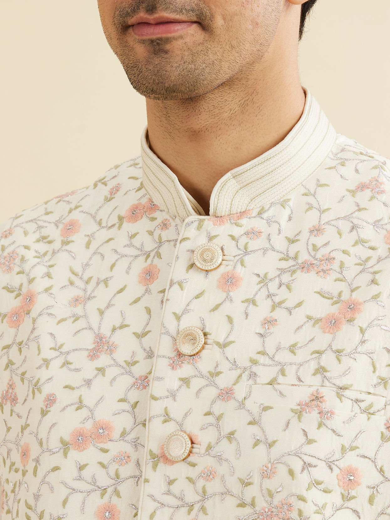 Manyavar Men Cream Beige Bel Buti Embroidered Jacket Set