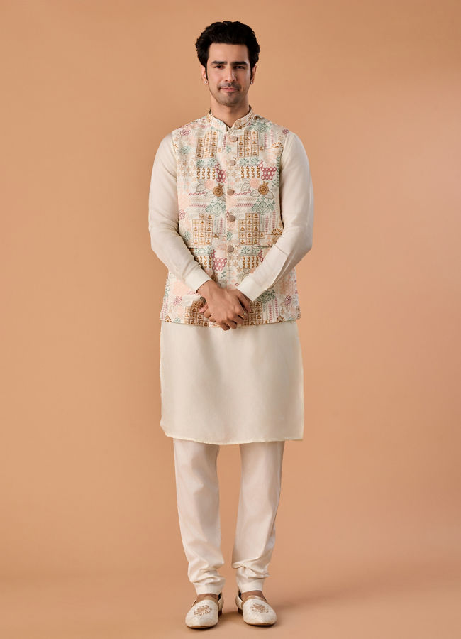 Manyavar Men Sunset Cream Kurta Jacket Set