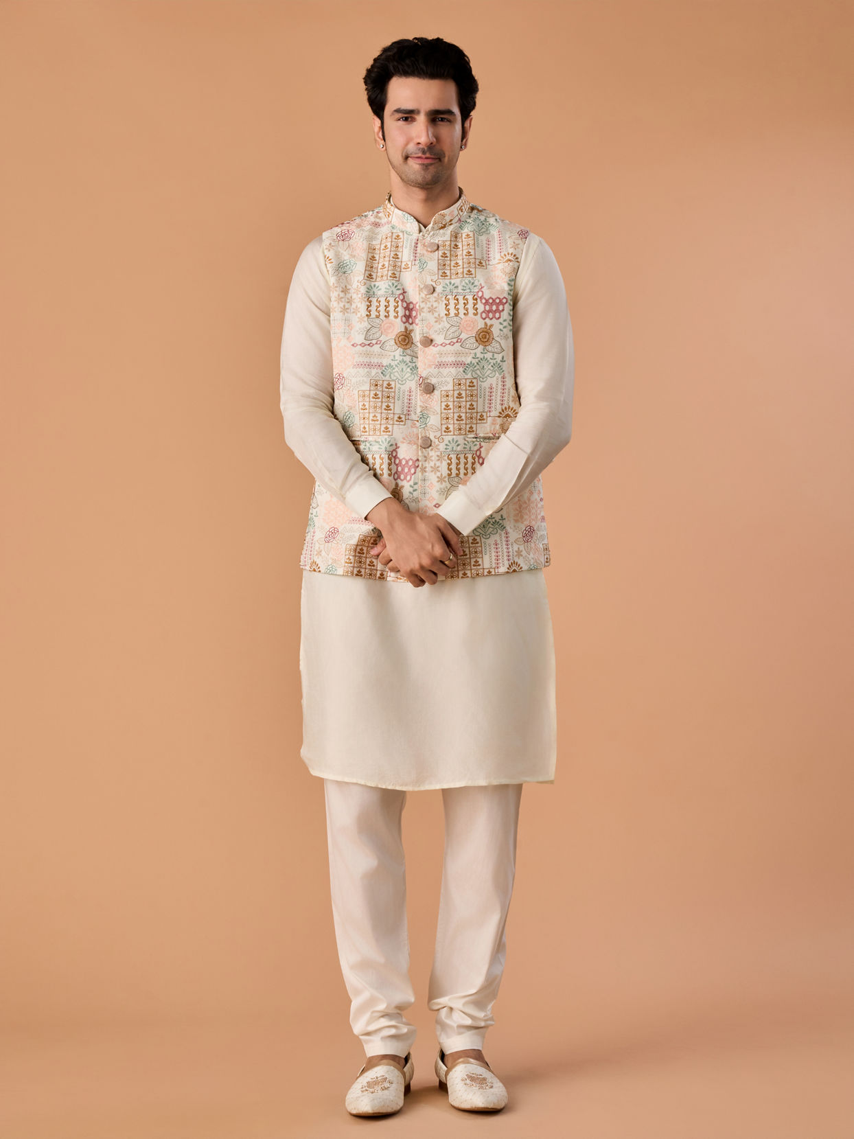 Manyavar Men Sunset Cream Kurta Jacket Set