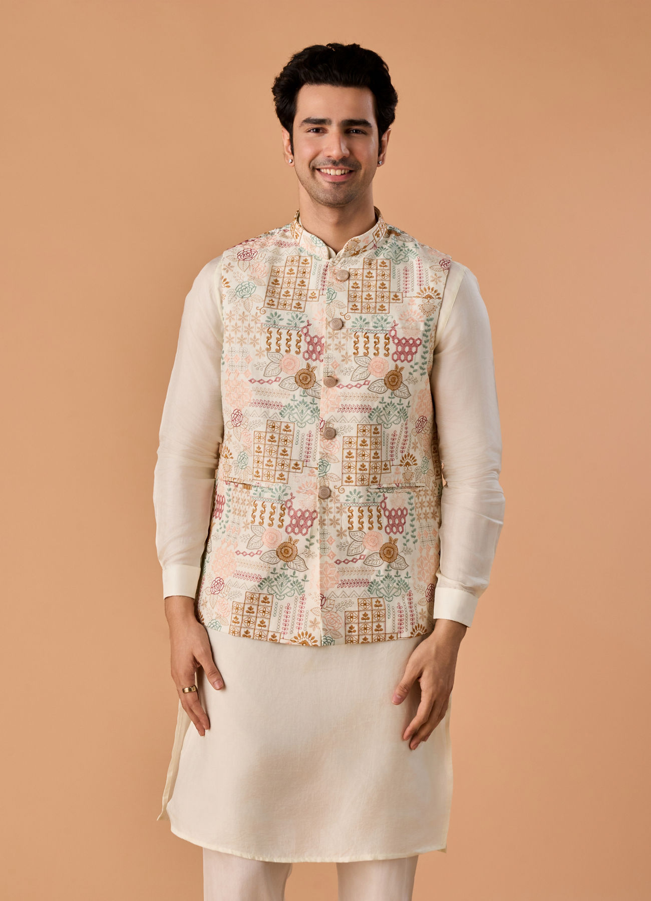 Manyavar Men Sunset Cream Kurta Jacket Set