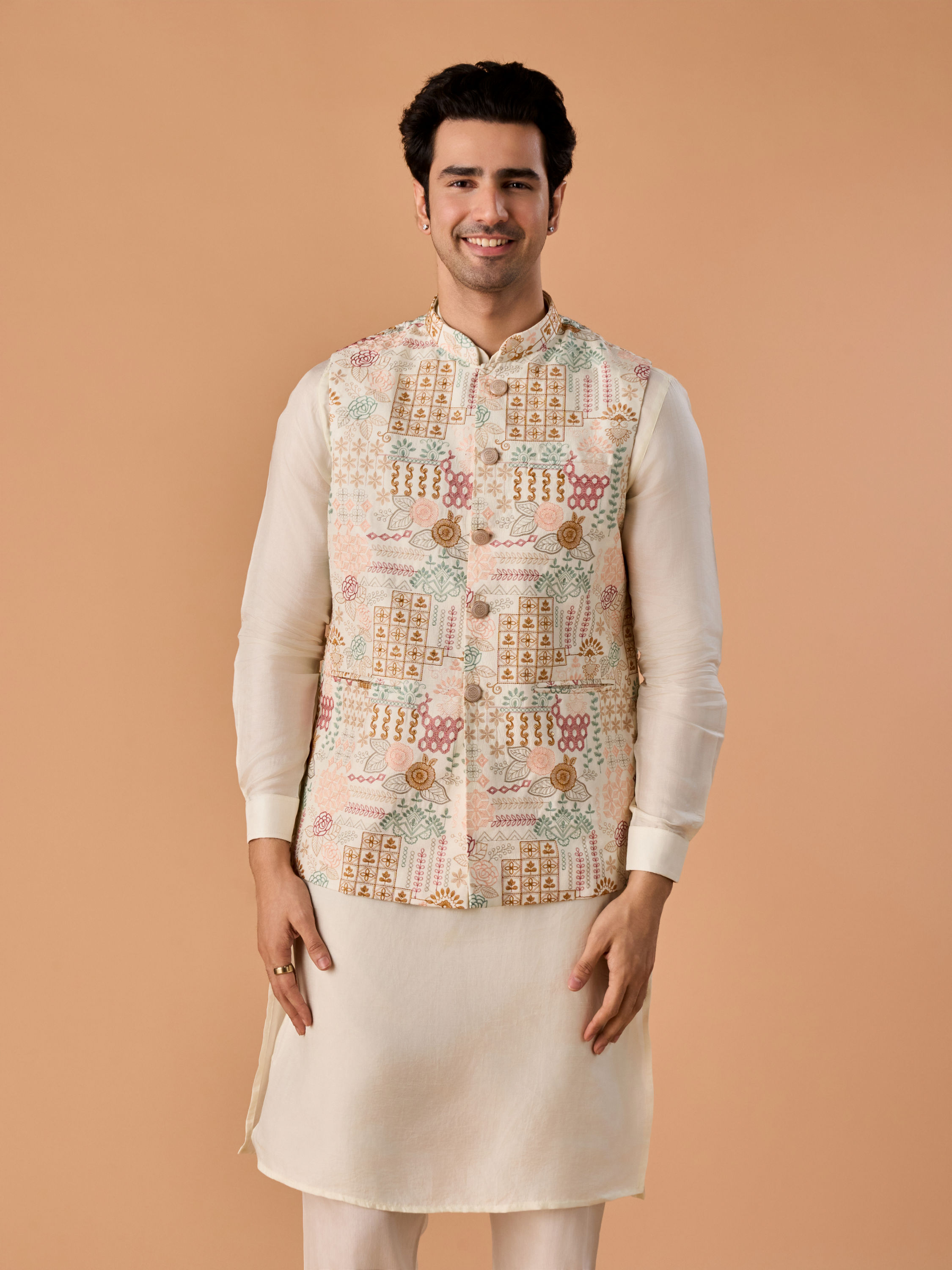 Manyavar Men Sunset Cream Kurta Jacket Set