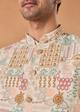 Manyavar Men Sunset Cream Kurta Jacket Set