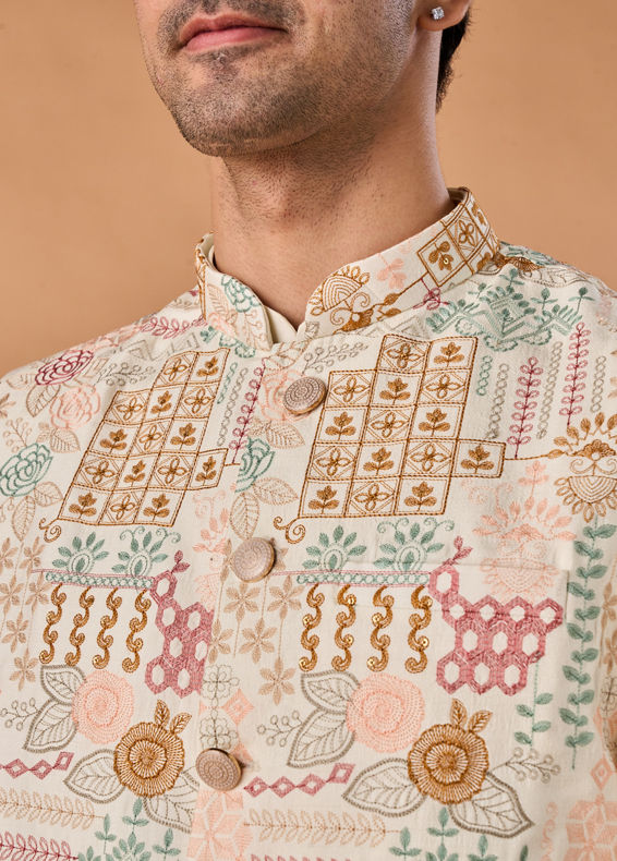 Manyavar Men Sunset Cream Kurta Jacket Set