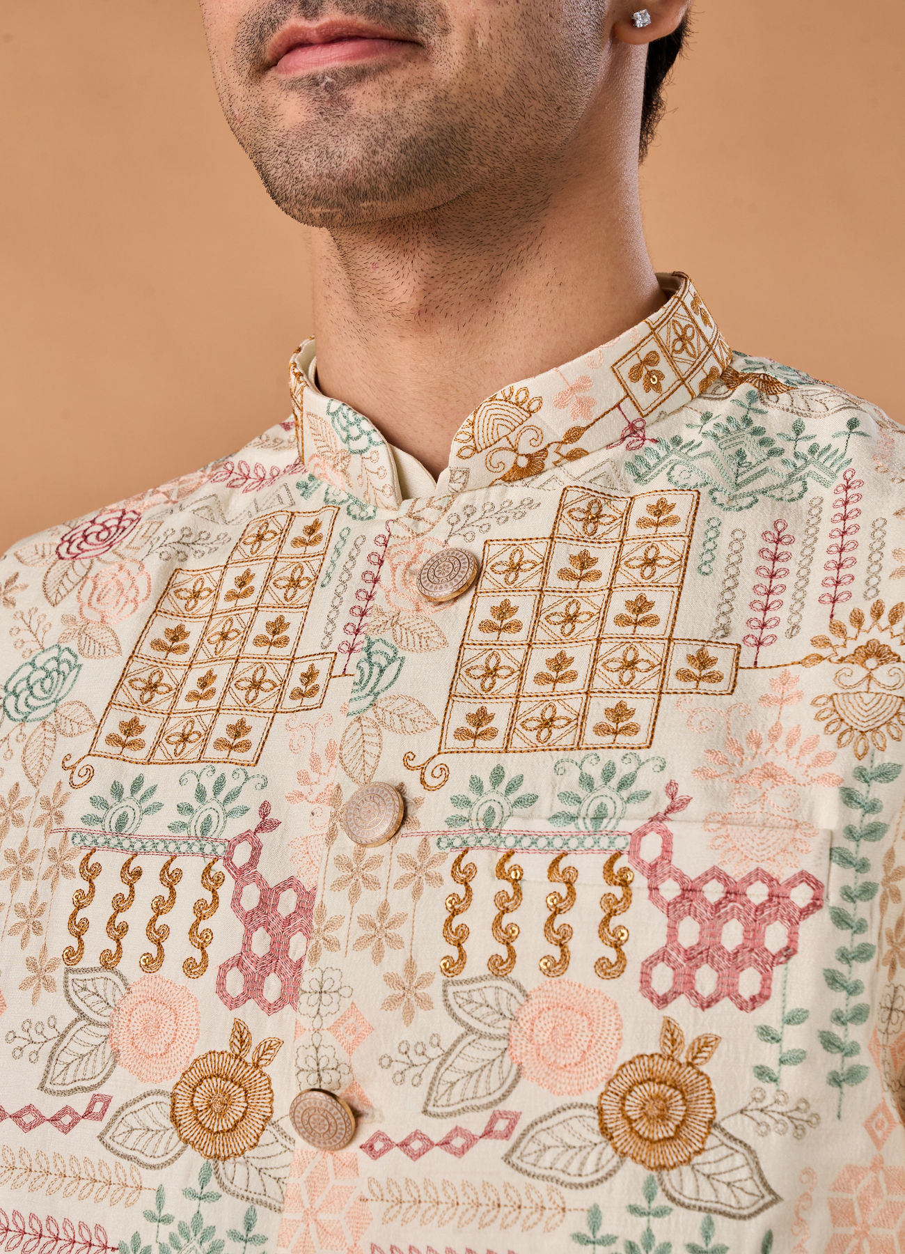 Manyavar Men Sunset Cream Kurta Jacket Set