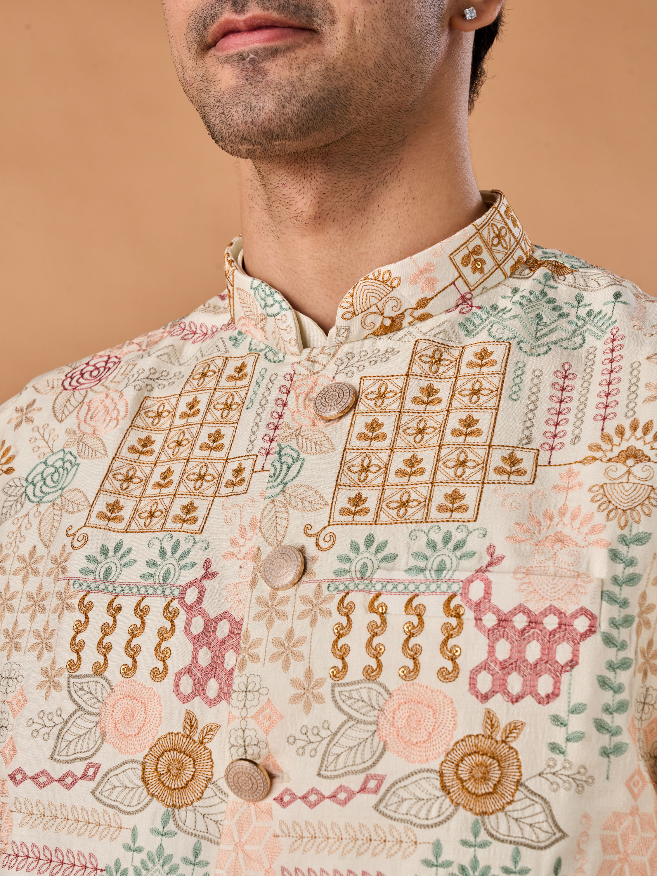 Manyavar Men Sunset Cream Kurta Jacket Set