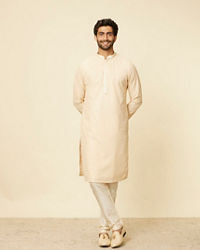 Manyavar Men Sand Beige Grid Patterned Chikankari Kurta Set