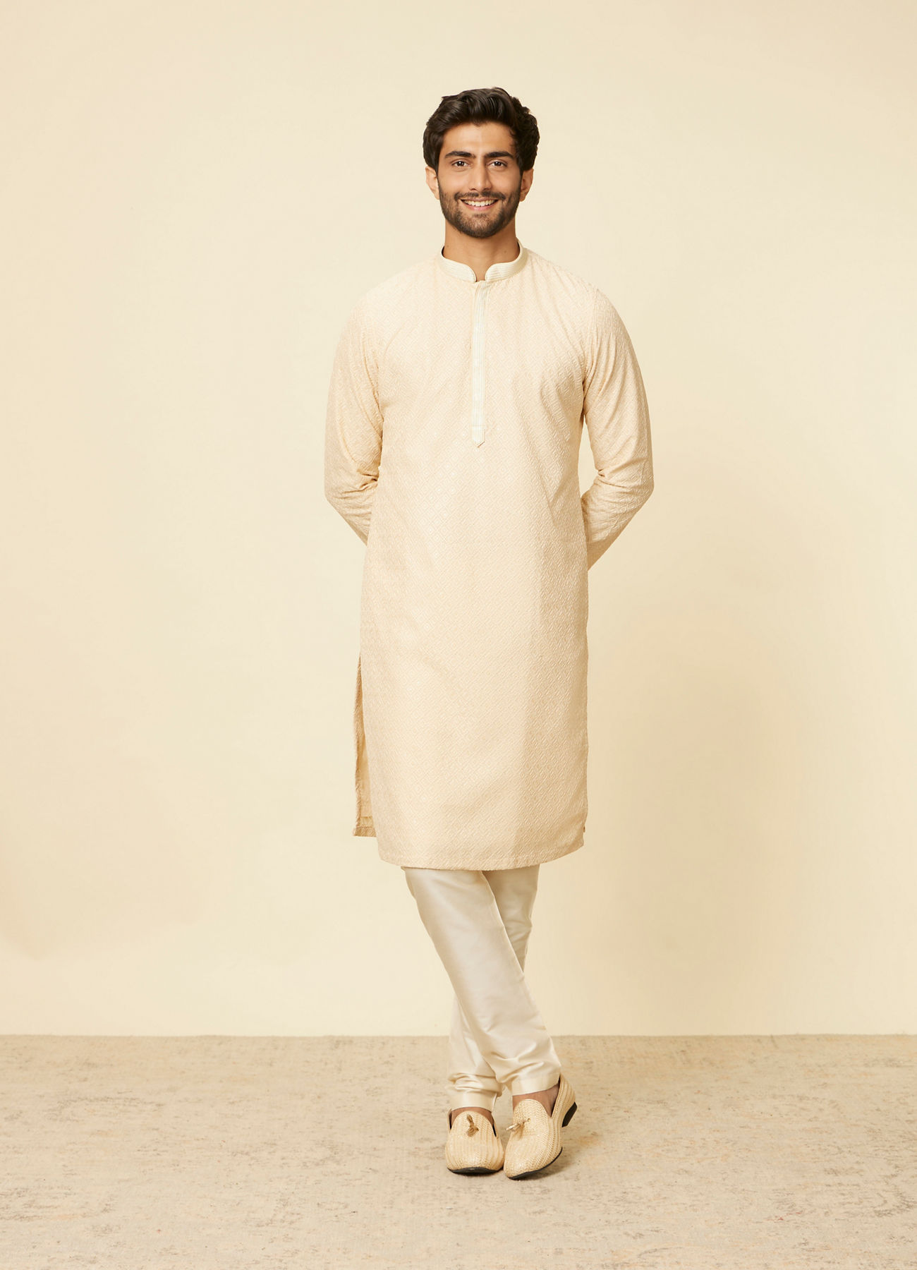 Manyavar Men Sand Beige Grid Patterned Chikankari Kurta Set