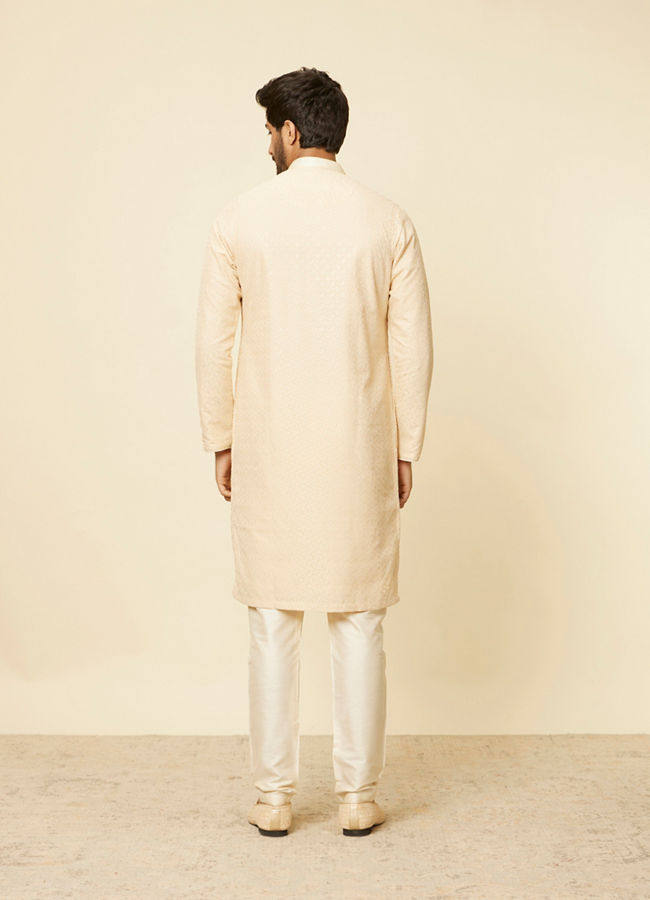 Manyavar Men Sand Beige Grid Patterned Chikankari Kurta Set