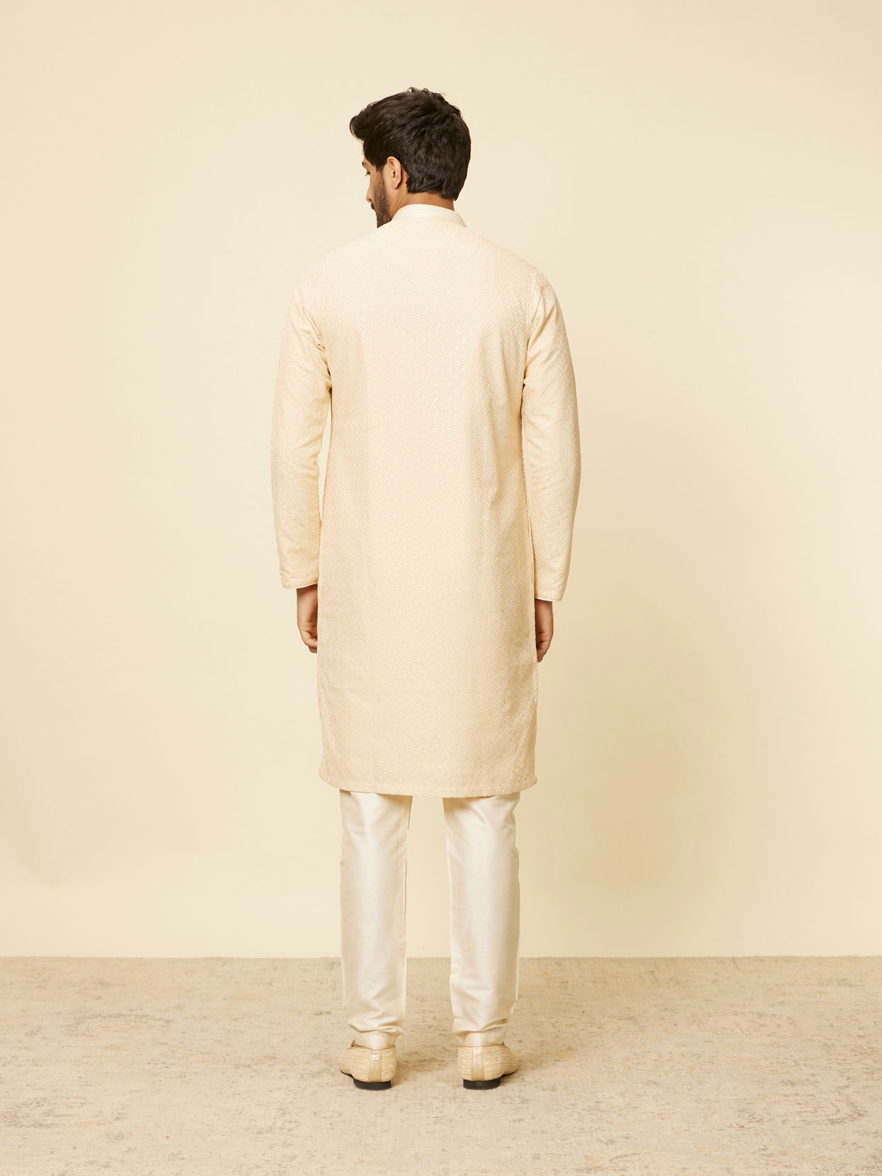Manyavar Men Sand Beige Grid Patterned Chikankari Kurta Set