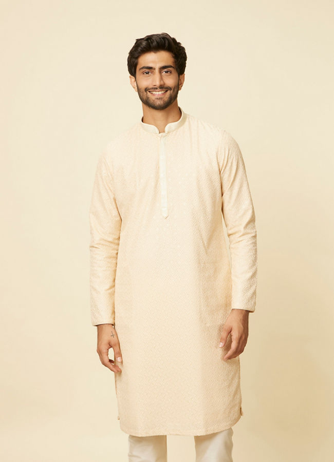 Manyavar Men Sand Beige Grid Patterned Chikankari Kurta Set