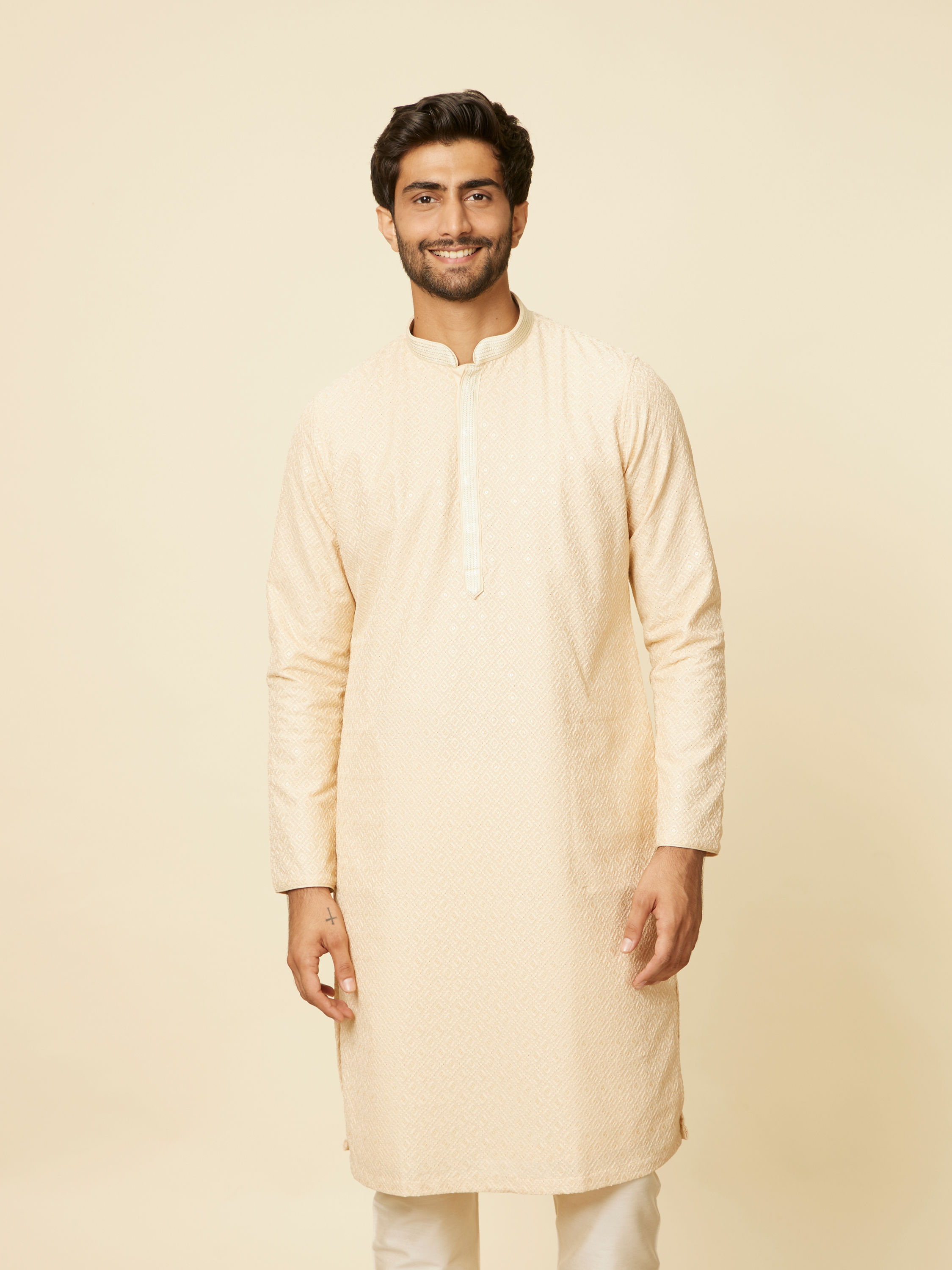 Manyavar Men Sand Beige Grid Patterned Chikankari Kurta Set
