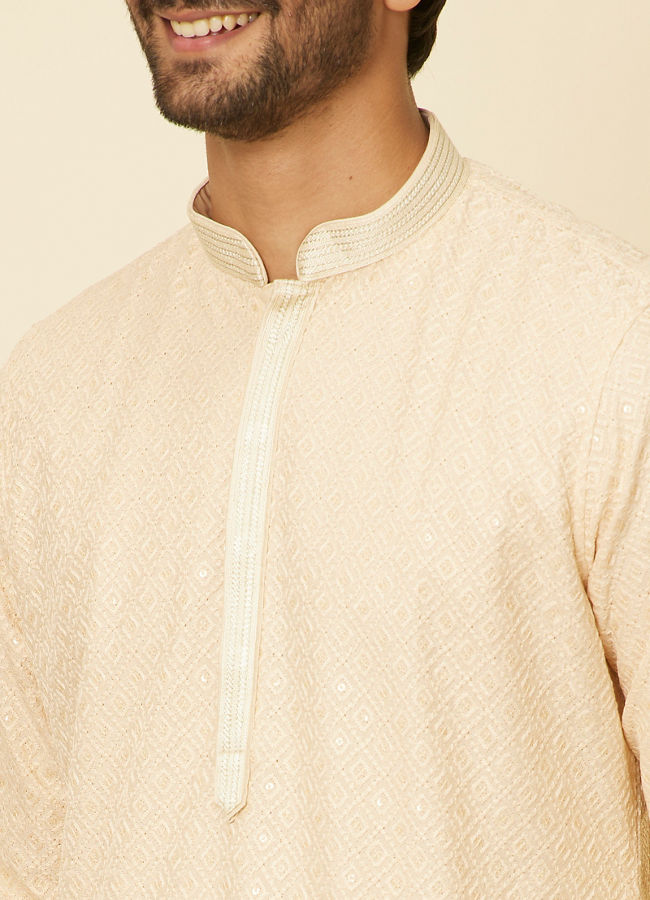 Manyavar Men Sand Beige Grid Patterned Chikankari Kurta Set