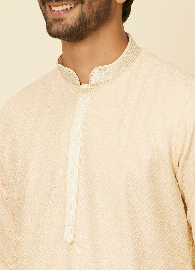 Manyavar Men Sand Beige Grid Patterned Chikankari Kurta Set image number 3