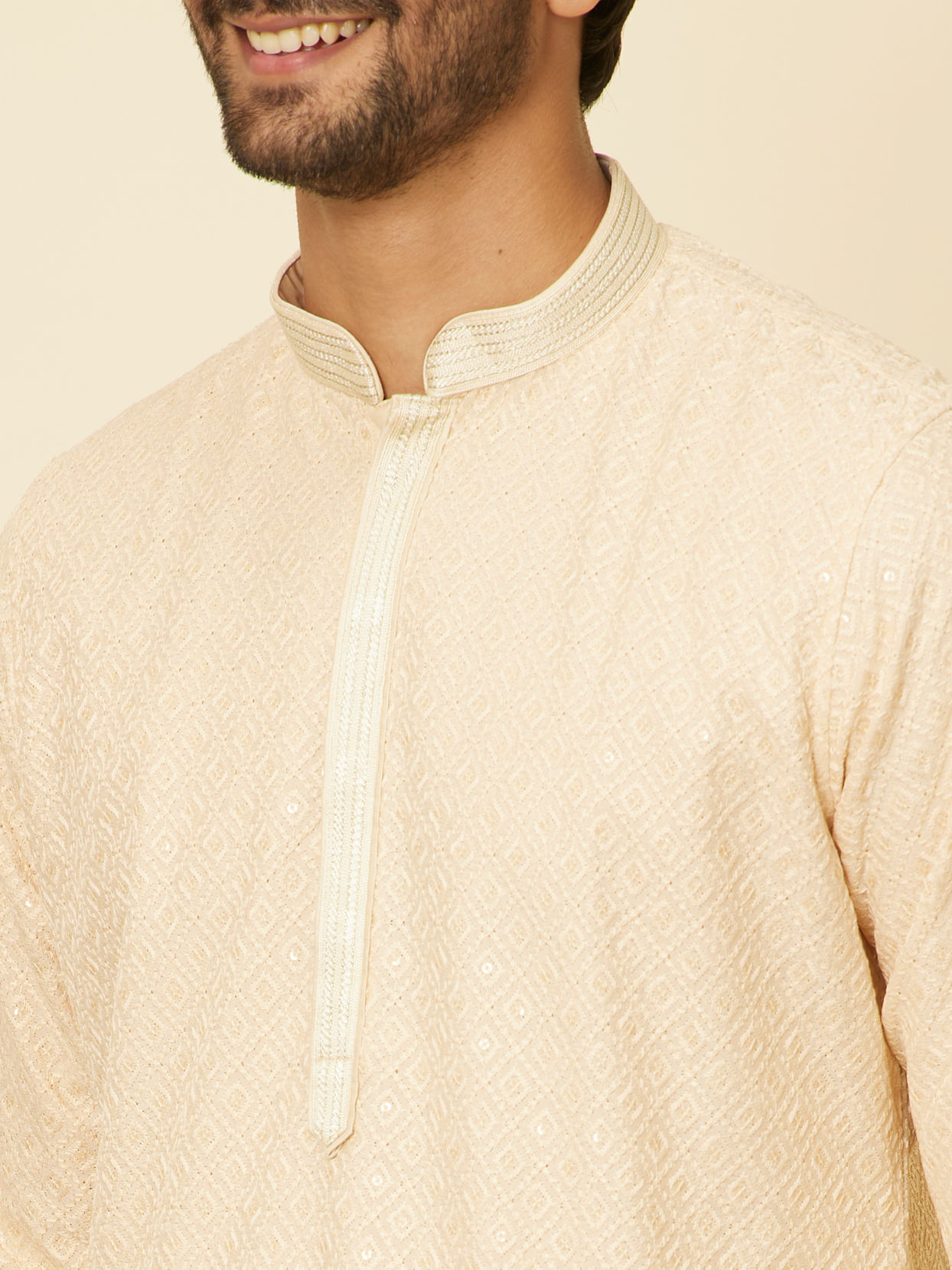 Manyavar Men Sand Beige Grid Patterned Chikankari Kurta Set