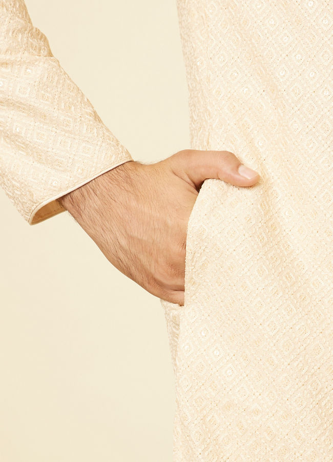 Manyavar Men Sand Beige Grid Patterned Chikankari Kurta Set