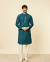 Manyavar Men Teal Green Grid Patterned Chikankari Kurta Set