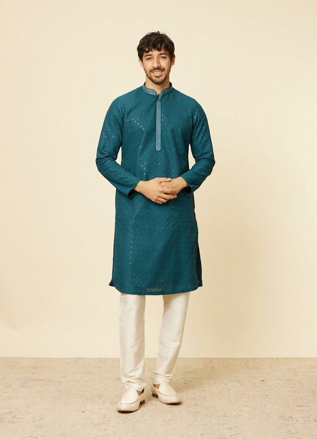 Manyavar Men Teal Green Grid Patterned Chikankari Kurta Set