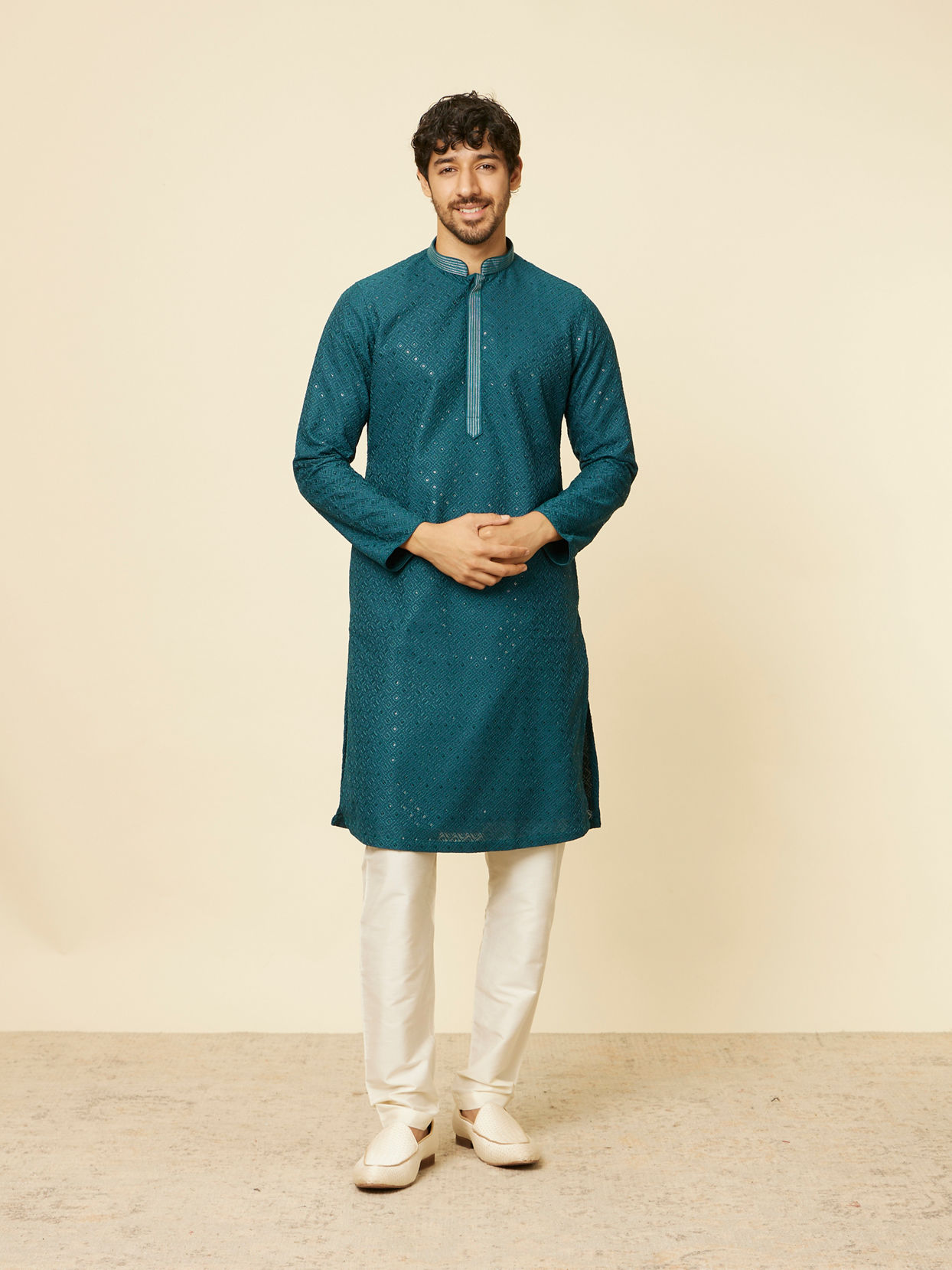 Manyavar Men Teal Green Grid Patterned Chikankari Kurta Set
