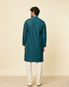 Manyavar Men Teal Green Grid Patterned Chikankari Kurta Set