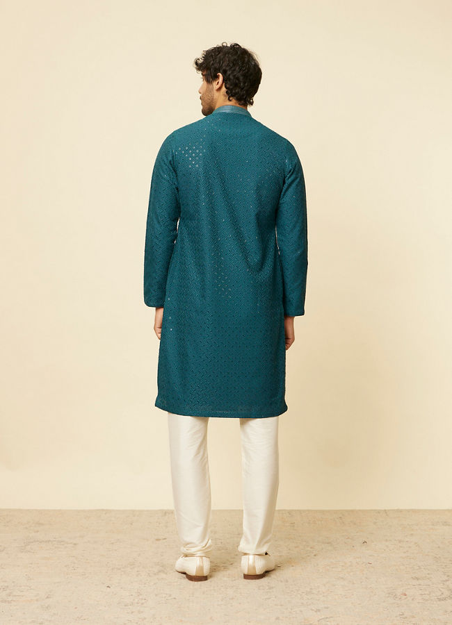 Manyavar Men Teal Green Grid Patterned Chikankari Kurta Set