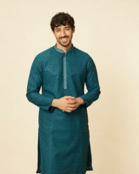 Manyavar Men Teal Green Grid Patterned Chikankari Kurta Set