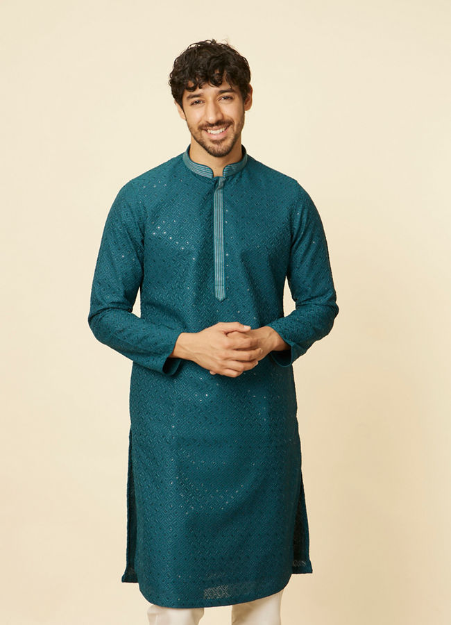 Manyavar Men Teal Green Grid Patterned Chikankari Kurta Set