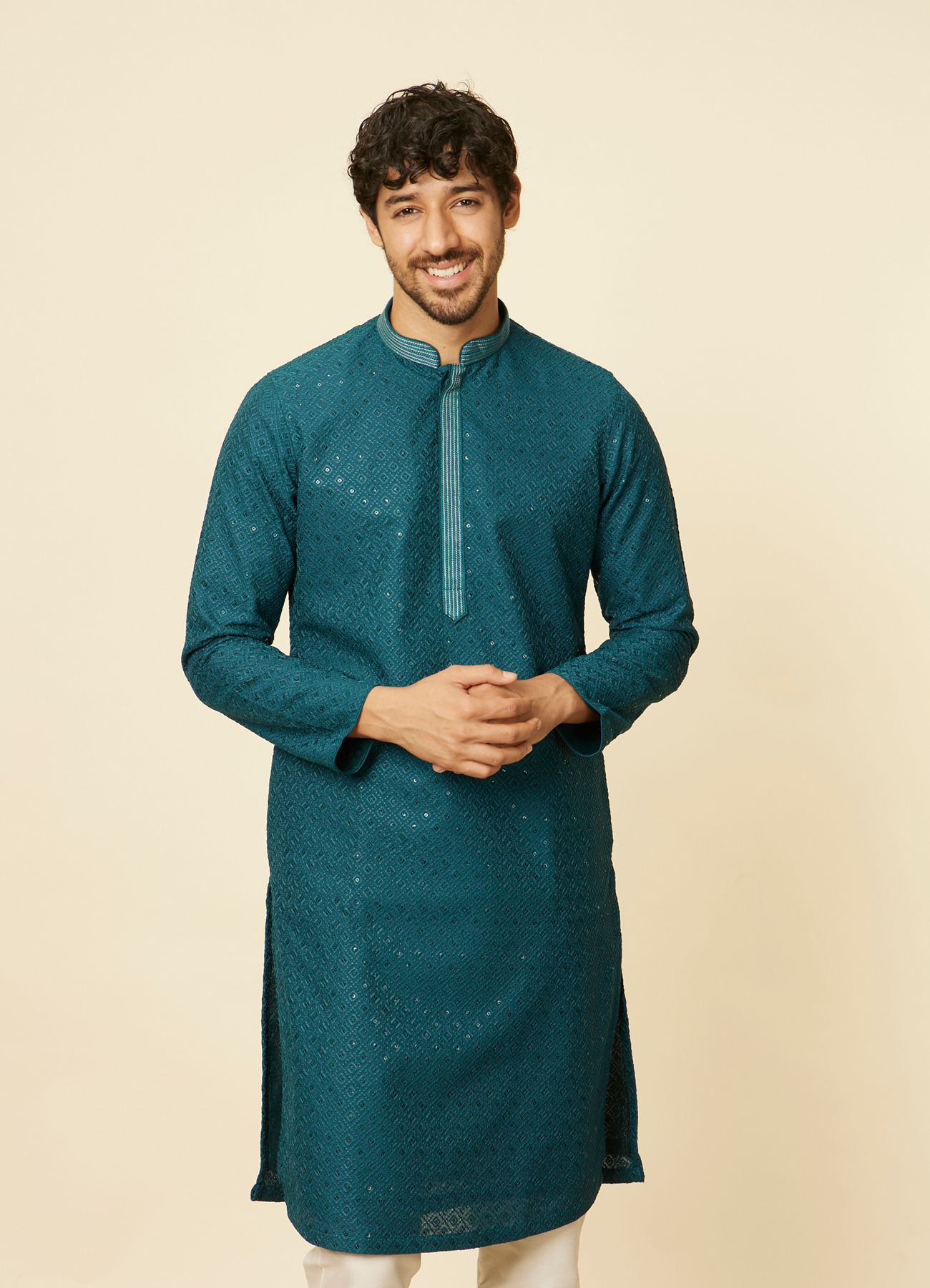 Manyavar Men Teal Green Grid Patterned Chikankari Kurta Set