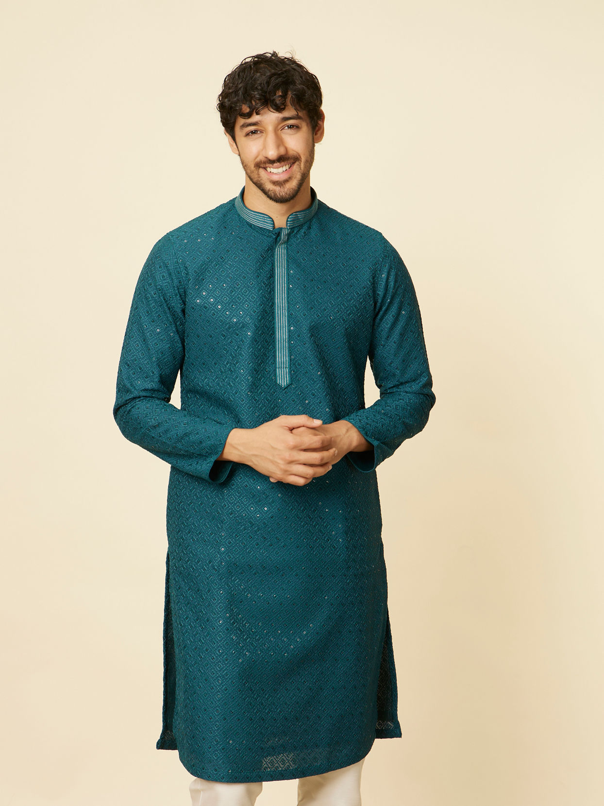 Manyavar Men Teal Green Grid Patterned Chikankari Kurta Set